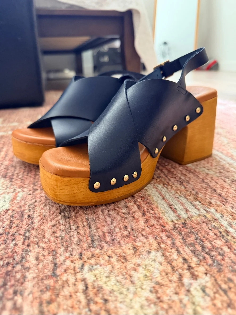Navy Blue Leather Cross-Strap Platform Sandals with Wood Heel